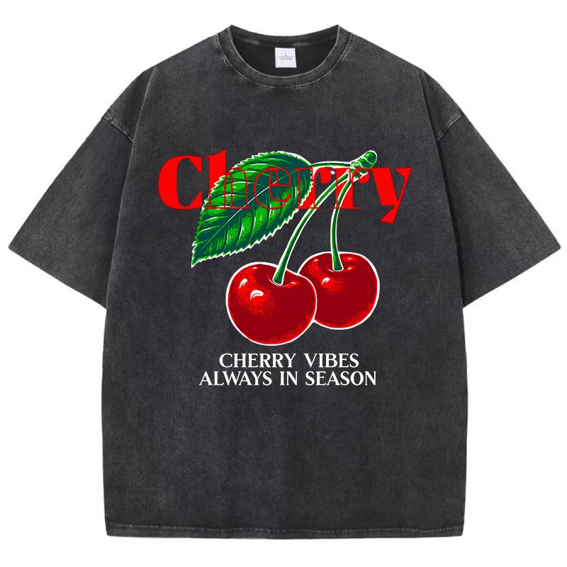 Casual Womens Acid Wash T-Shirts Cherry Vibes Always In Season Prints Tees Distressed Oversize Cotton Short Sleeve Clothes