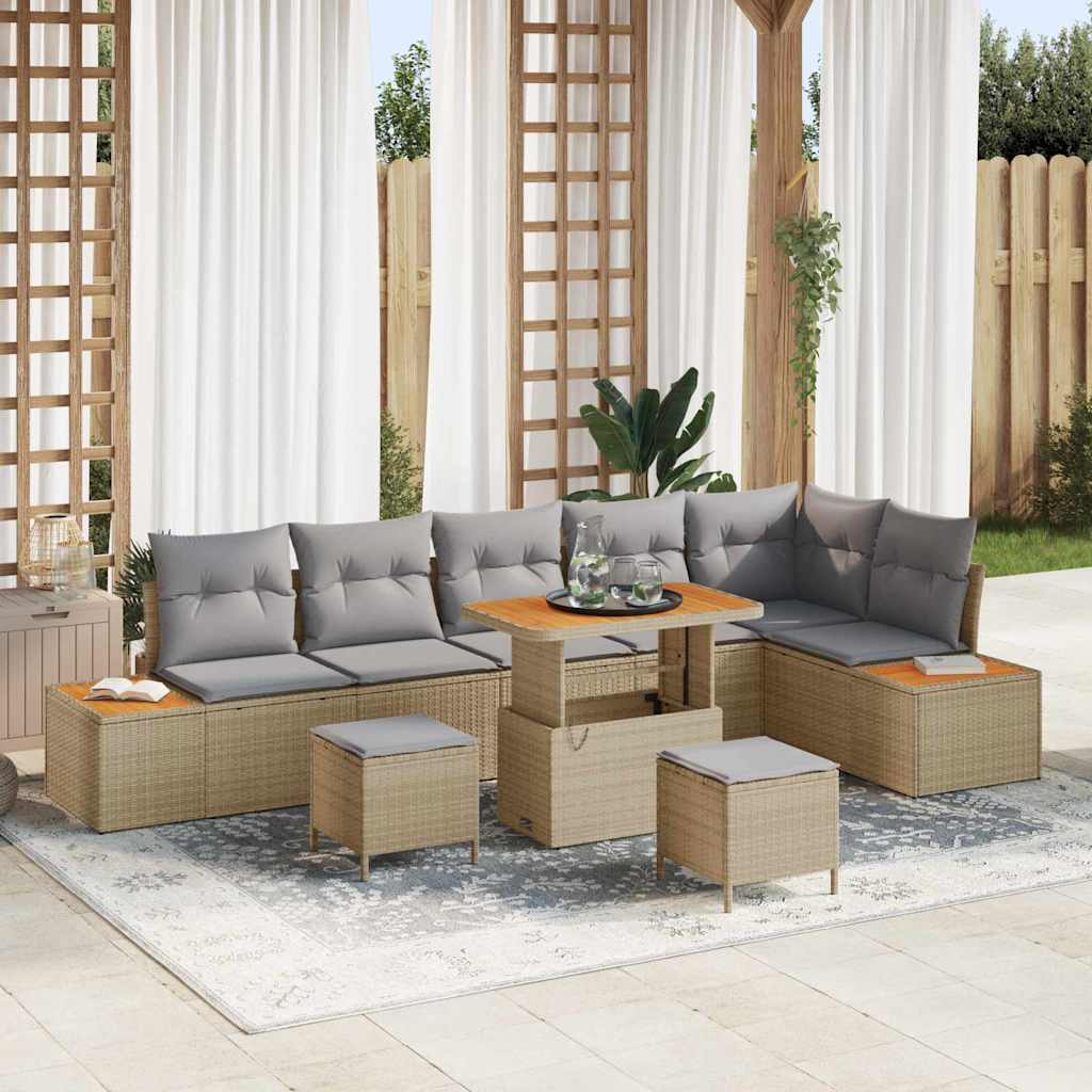 Garden Sofa Set with Cushions and Storage 9 Pcs Beige Poly Rattan