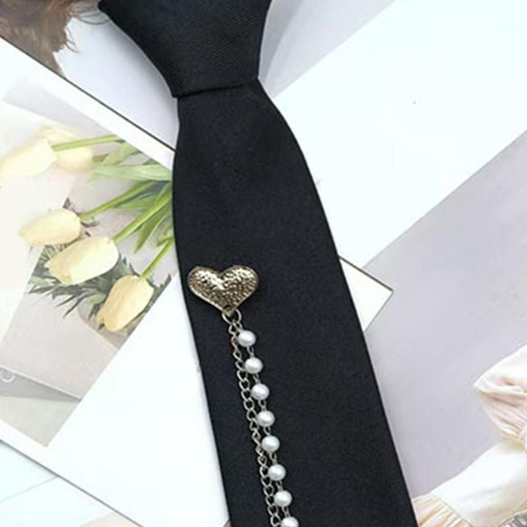 Punk Heart Pearls Beads Chain Tie for School Campus Uniform Adjustable Pre Tied Black Necktie for Students Teens Adults