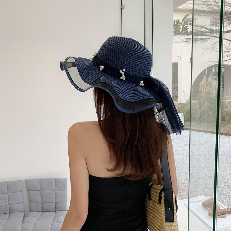Summer Bow Sun Hat Female, Seaside Beach Vacation Sun Hat Outdoor Big Brim Sun Hat Sweet Straw Hat