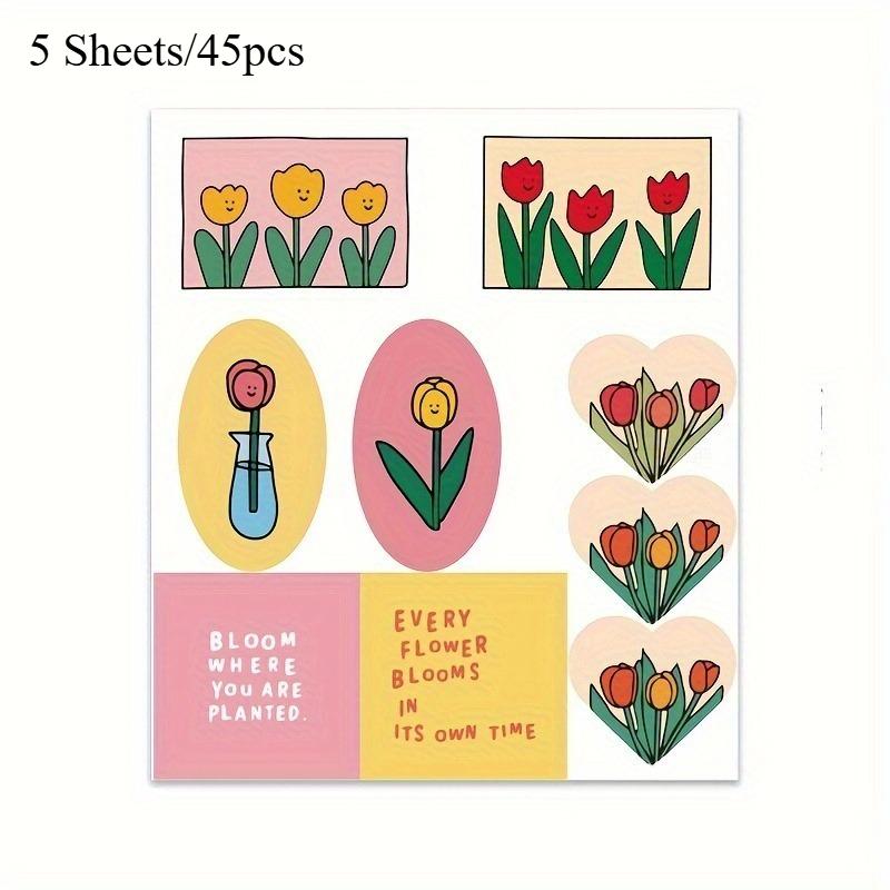 

5 Sheets/45pcs Tulip Flowers Stickers Aesthetic Journal Vinyl Decals Water Bottle Laptop Scrapbook Travel Case Phone Stickers
