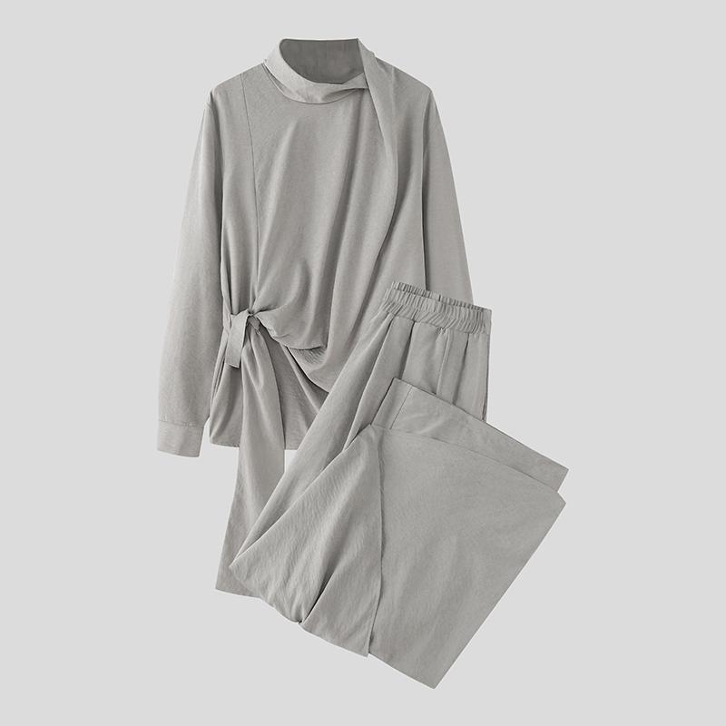 

INCERUN 2 шт. Мужская футболка с высоким воротом, длинным рукавом, с перекрученным узором, длинные брюки-кюлоты с оборками, комплекты нарядов 4XL серый