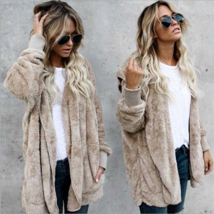 Autumn Winter Double Fleece Cardigan Jacket Women Solid Color Long Sleeve Plush Warm Hooded Lady Jacket Oversized Outerwear