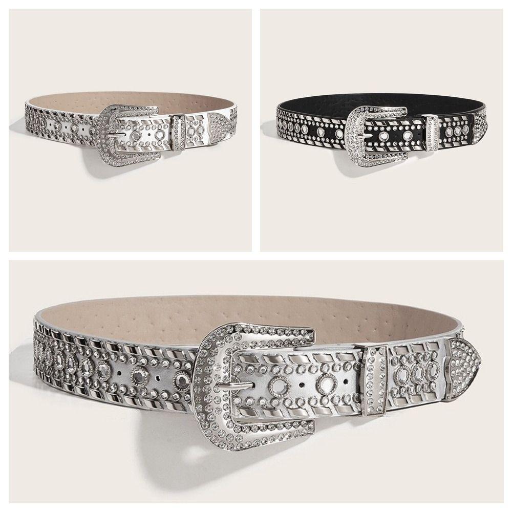 Metal Buckle Y2k Rhinestone Belt Korean Style Leather Belt Decorative Jeans