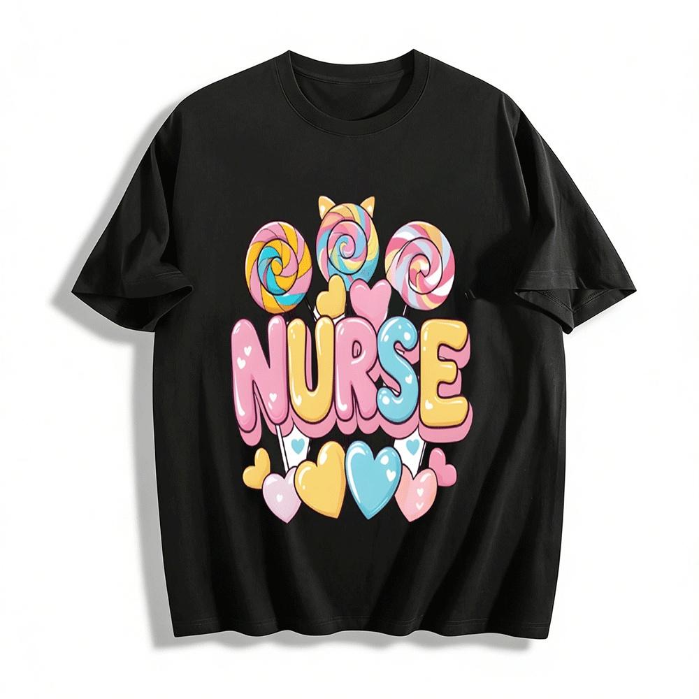 Candy Heart Print Nurse Themed Casual Top For Women Pure cotton T-shirt XXS