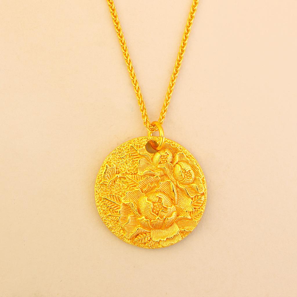 Luxury 24K 9999 Pure Gold Real Gold Women's Ancient Filigold Round Embossed Peony Pendant Necklace