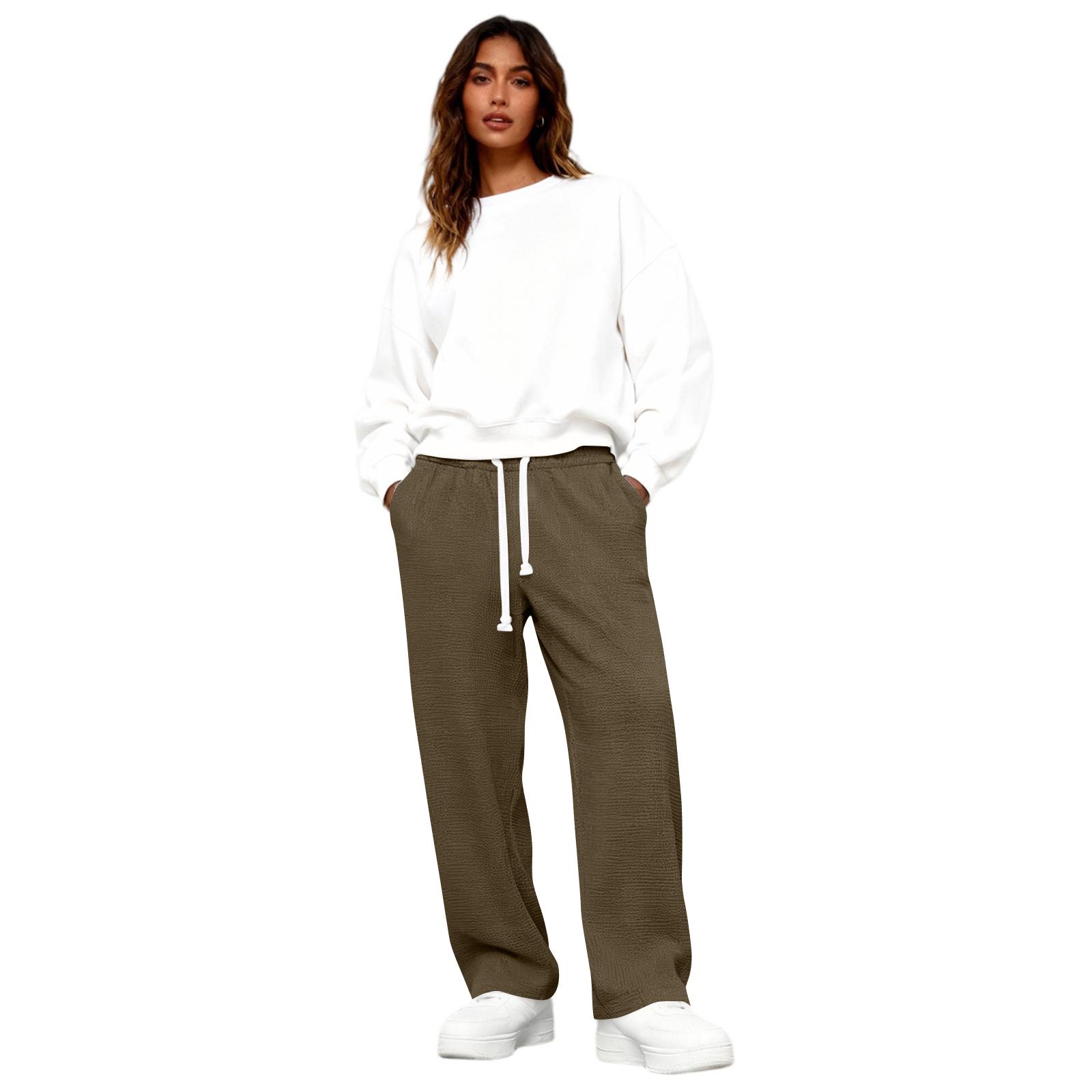 

Pants For Women Textured Drawstring Waist Wide Leg Trousers Loose Sweatpants L коричневый