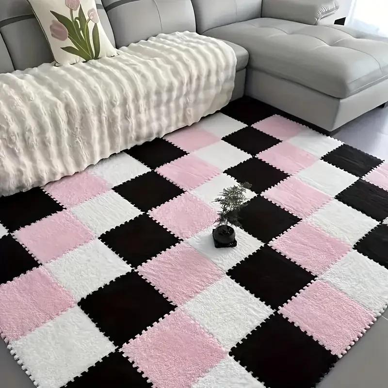 15Pcs Interlocking Fluffy Tiles with Border Square Rug Plush Puzzle Foam Floor Mat for Kids Thick Bedroom Floor Decoration