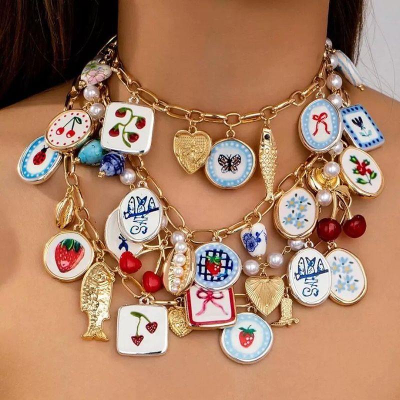 HOT Mini Copper Flower Pendant For Women Flower Strawberry Love Painting INS Necklace Choker Pendant For Jewelry Bracelet