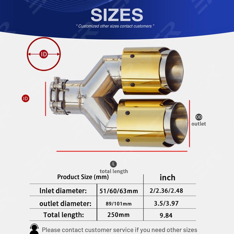 

ER Gold Stainless Universal Exhaust Tip double Exit Car Nozzle Decoration Automobile parts tail Pipes Muffler Upgrade Left in51-out89mm