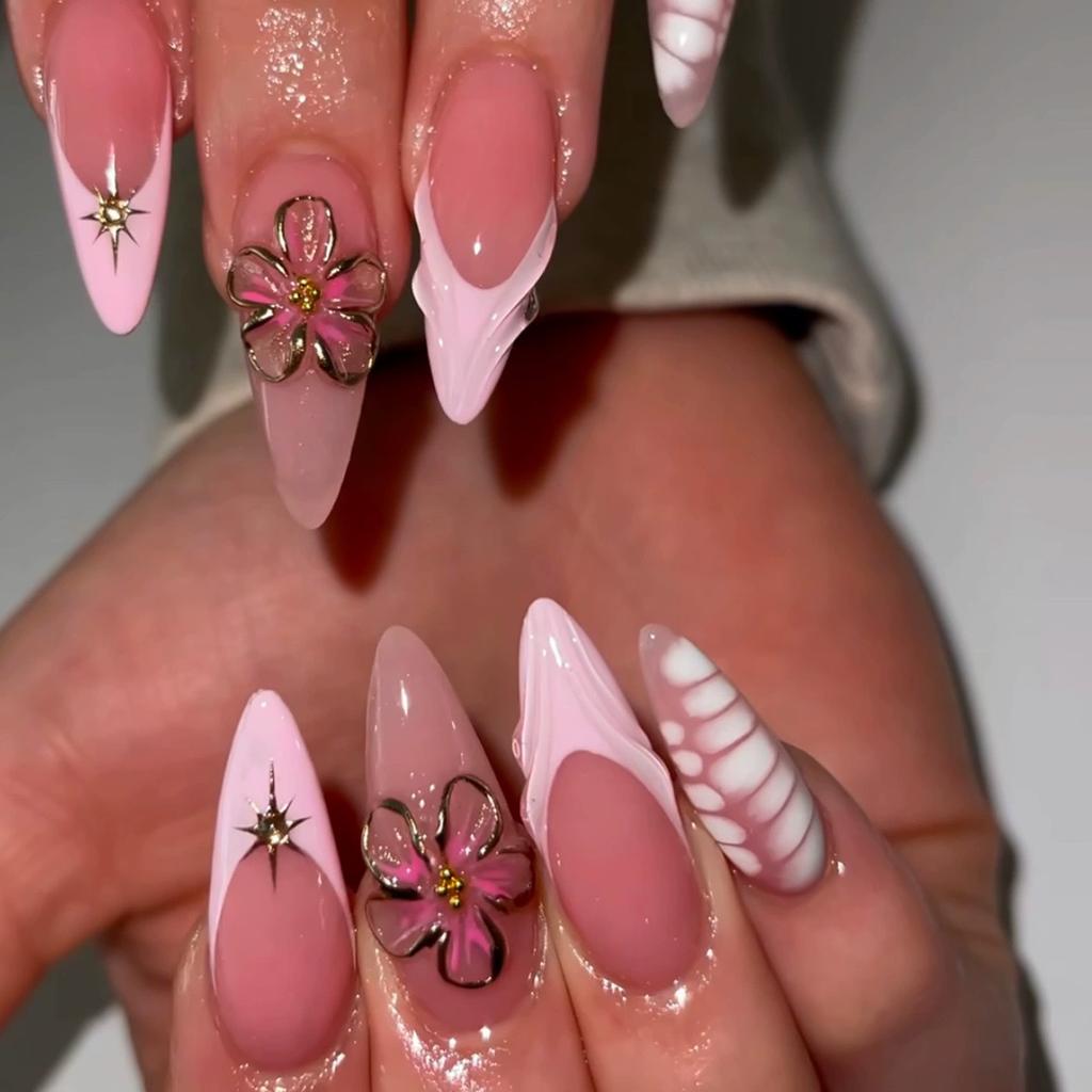 24Pc False Nails with Glue Almond Black Red Gradient Design Detachable Rhinestone Acrylic Fake Nail Long Stiletto Press on Nails