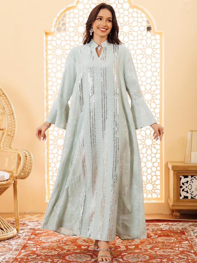 Elegant Sequin Embroidered Muslim Women's Robe - Middle Eastern Style Long Dress