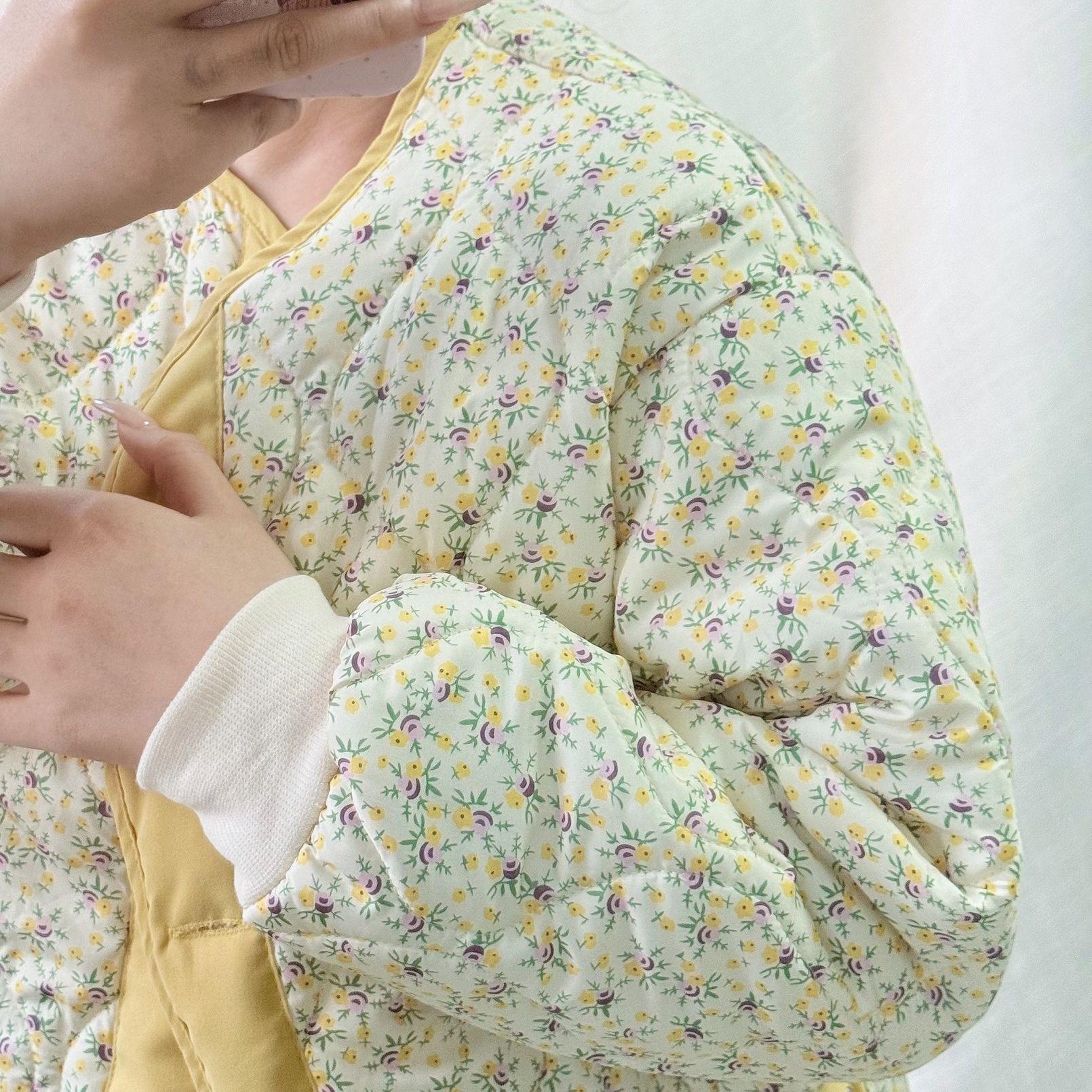 

Women s Winter Lightweight Cotton Padded Jacket Light Yellow Korean Style Quilted Outerwear Northeast Floral Cotton Padded Coat 2XL