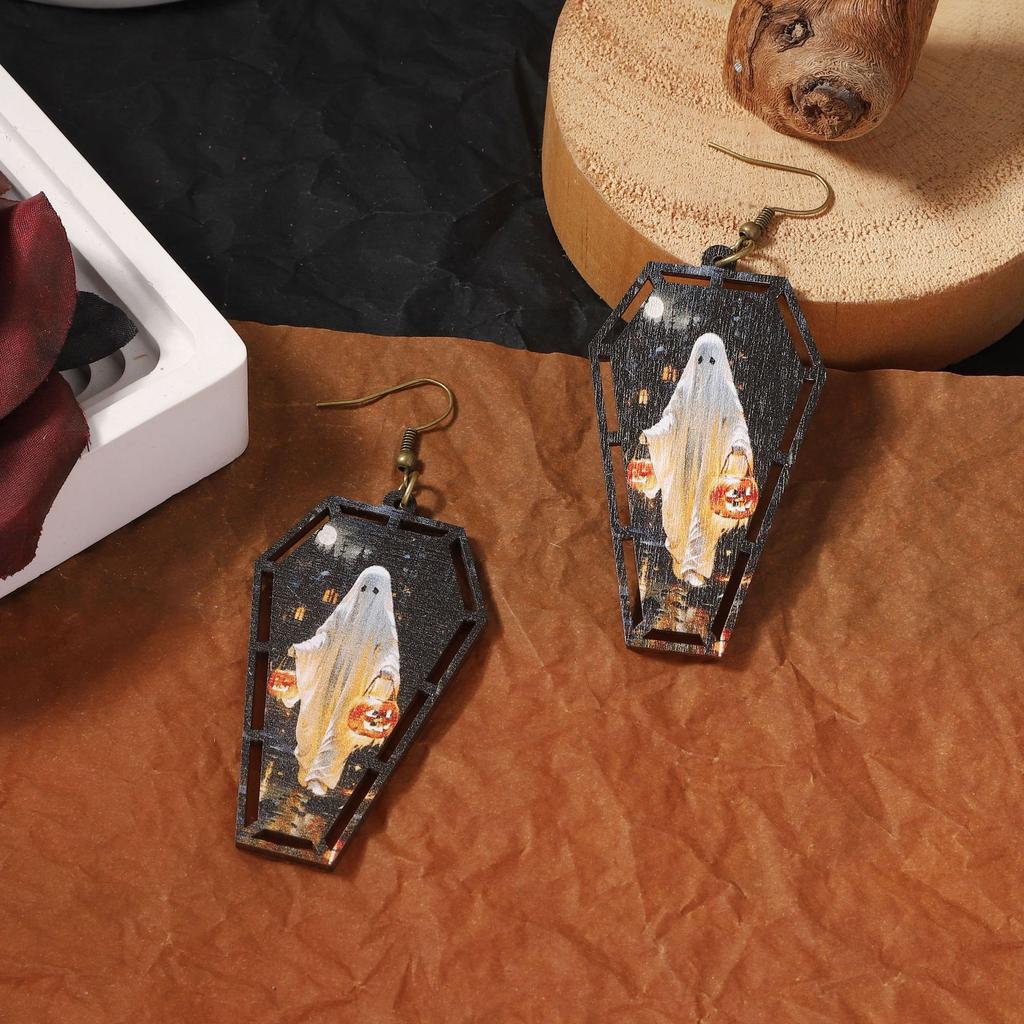 Personalized and Retro Halloween Wooden Printed Skull Earrings, Fashionable Pumpkin Ear Hooks for Festival Parties