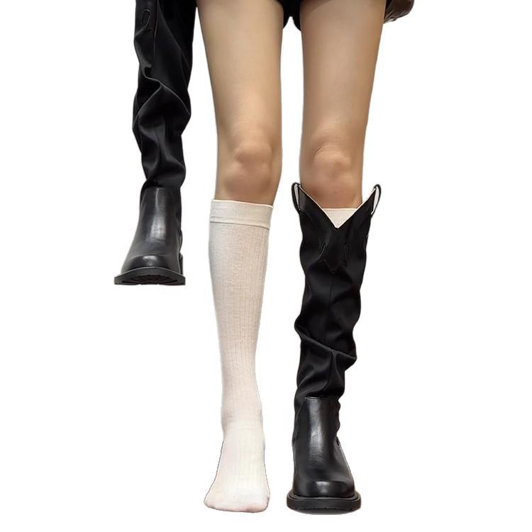 Coarse heel pleated high tube stacking boots women's 2025 new versatile but knee boots women's retro western knight boots