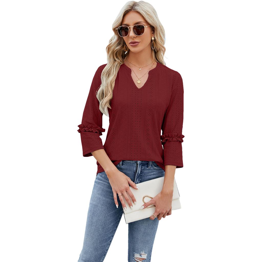 Spring and Summer Women's T-shirt V-neck Lace Seven-quarter Sleeve Jacquard Loose Long-sleeved Tops