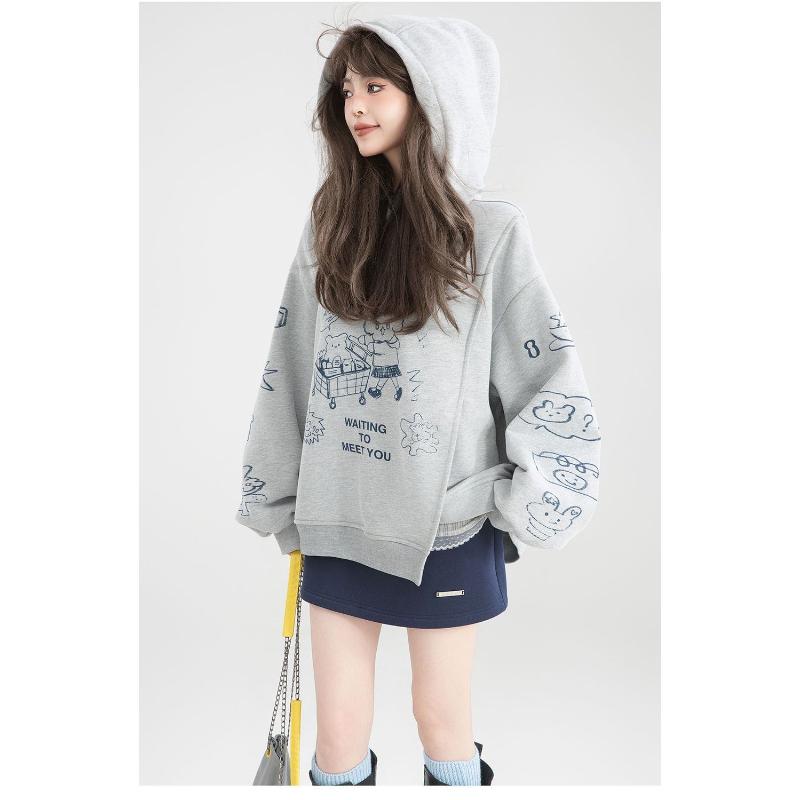 Double Layer Hat 2025 Spring Autumn Winter Graffiti Print Gray Sweatshirt Women's New Design Loose Top Hooded Jacket