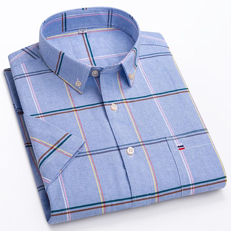 Letnie Nowe Męskie Koszule Oxford Krótki Rękaw 100% Bawełna Kratka Miękkie Regularny Krój Formalna Koszula Elegancka Koszula Społeczna Odzież Męska