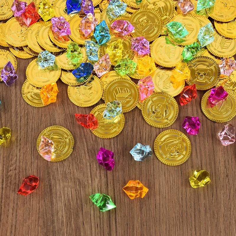 200Pcs/set Pirate Gold Coins Gems Jewelry Treasure Toy Kids Pirate Party Decoration Favors Birthday Gift Cosplay Props Halloween