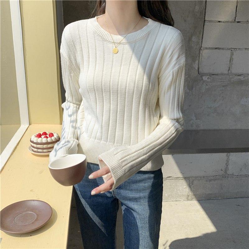 Maglione pullover lavorato a maglia retrò autunnale da donna, scollo a V, manica lunga, strisce verticali, fondo lavorato a maglia, esterno largo, colore solido