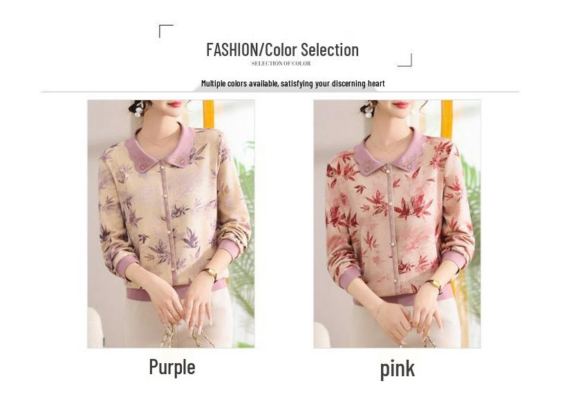 Elegant Floral Lapel Top for Middle-Aged Women - Long-Sleeved, Loose Knit, Pullover T-Shirt