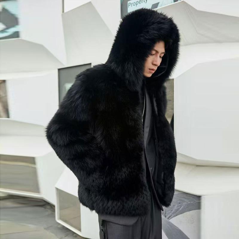 Autumn and Winter New Men's Imitation Fox Fur Hooded Jacket Fashion Temperament Casual Fur Coat Thickened Top