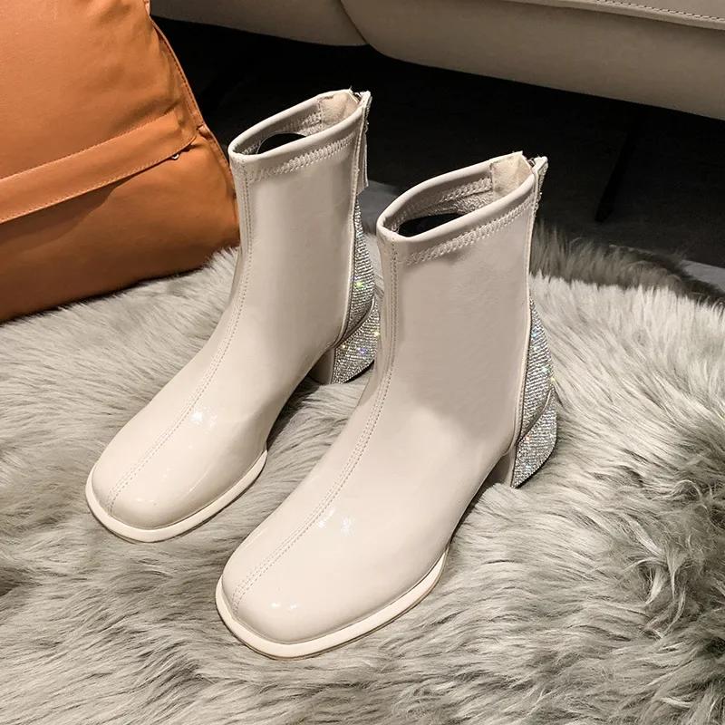 Autumn Women Ankle Boots Platform Rhinestone Square High Heel Ladies Short Boots Elastic Zipper Women's Fashion Boots  New