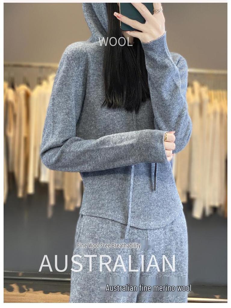 Autumn Gray Wool Slim-Fit Pants & Hooded Knit Sweatshirt Set - Korean Socialite Style