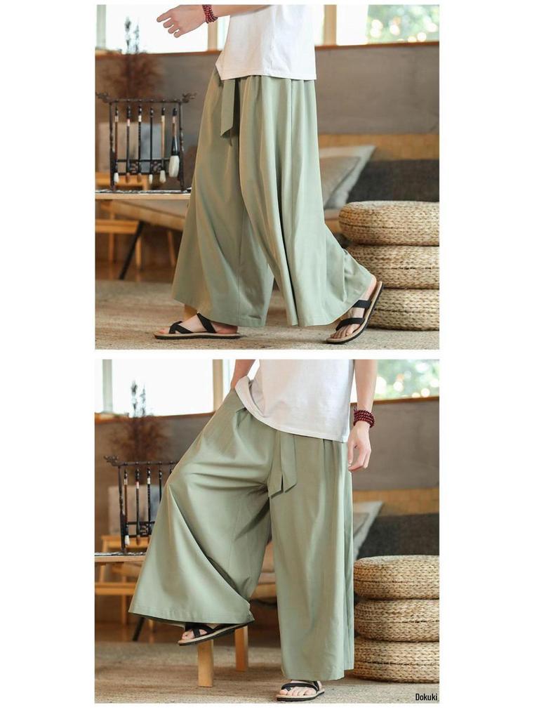 Men's Wide-Leg Ice Silk Culottes - Chinese Style Hanfu Tang Suit Meditation Skirt Pants