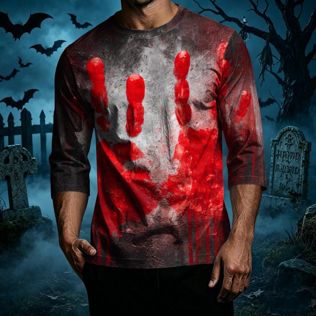 Men's Casual Halloween Graphic T-Shirt Three Quarter Sleeve Crew Neck Top Lightweight Comfortable Fit