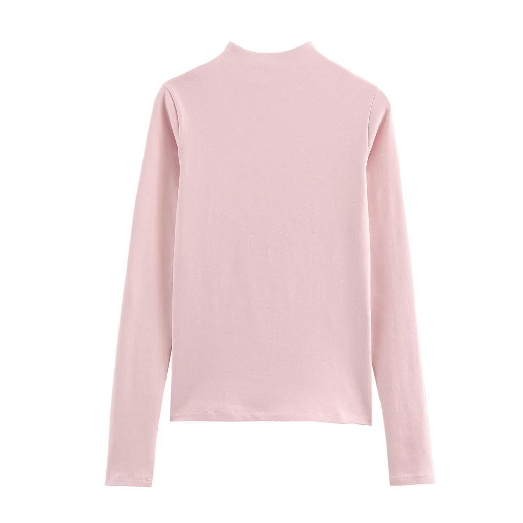 Spring 2025 Women's Solid Color Slim Fit Semi-High Neck T-Shirt