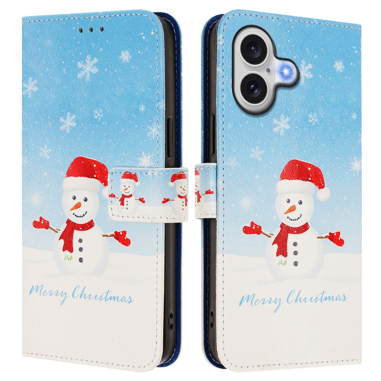 

For iPhone 17 Wallet Case Christmas Pattern Printing Leather Phone Cover with Lanyard Snowflake Snowman