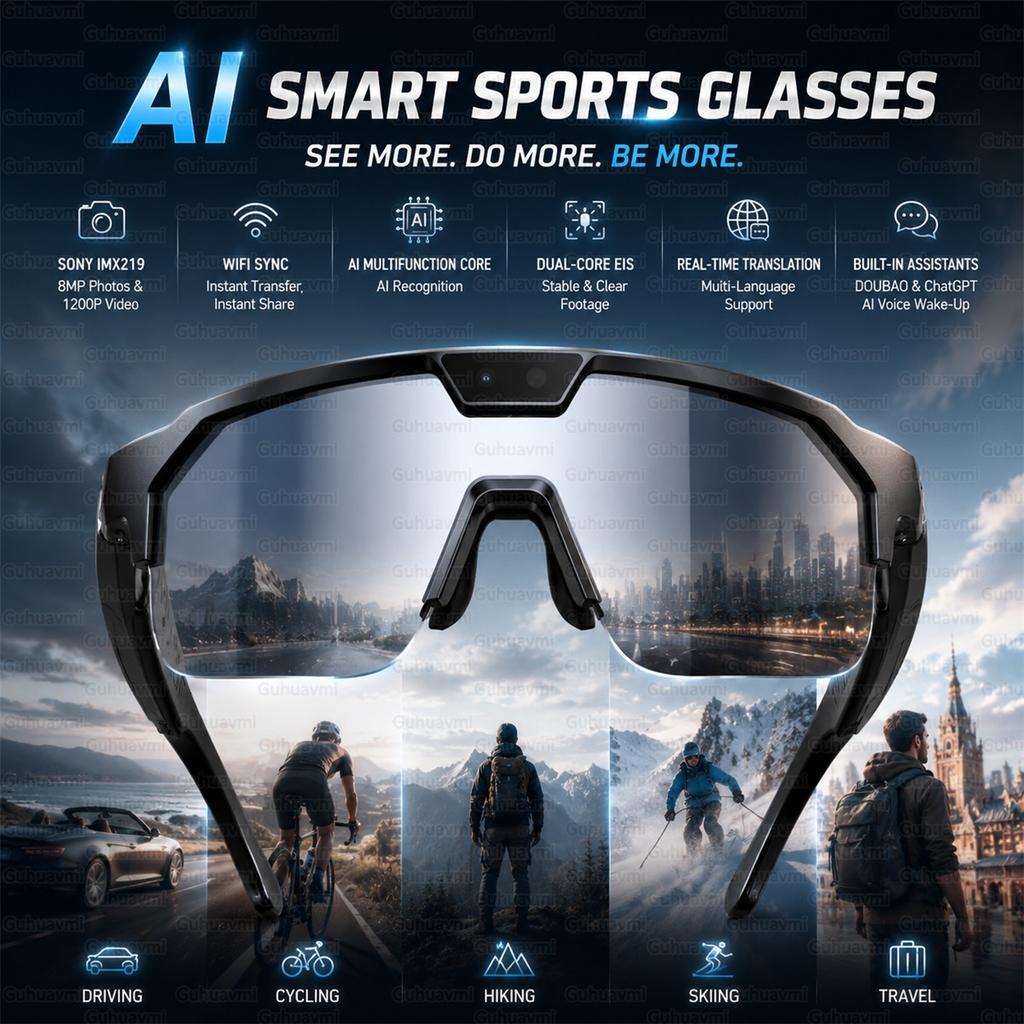 Sport Smart Glasses with 4K HD Anti-Shake Camera &3D Stereo Speakers Polarized UV400 Sunglasses Bluetooth AI Outdoors Video POV