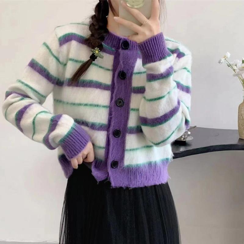 

Кардиган, осенний корейский вариант, свободный мягкий клейкий средний вязаный свитер в короткую полоску контрастного цвета с длинными рукавами, кардиган