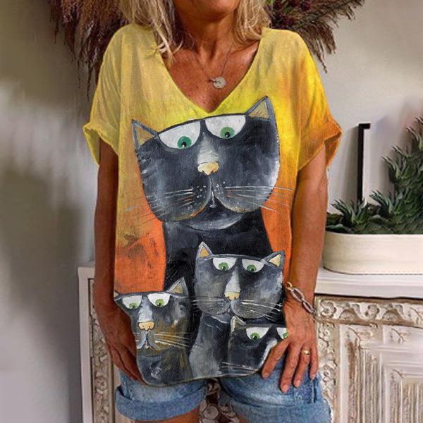 Sommer V-hals 3D Cat Printed Topp Fasjonable Casual Kortermede T-skjorter for kvinner