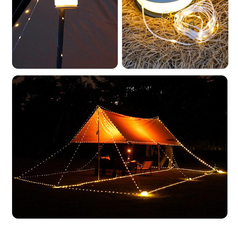 Rechargeable Outdoor Camping LED String Lights with Measuring Tape and Gas Atmosphere Lighting, Long Battery Life, Wind-Resistant Hanging Tent Rope.