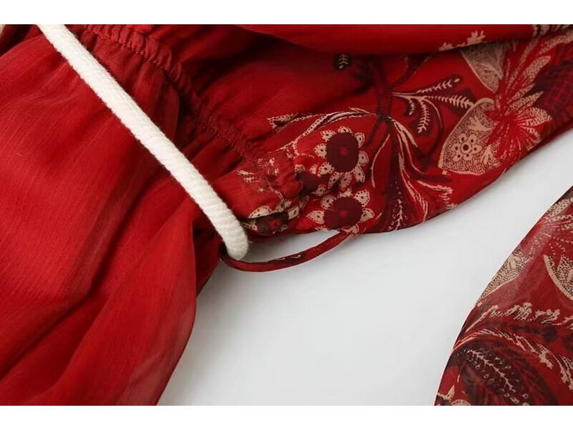 2024 Winter Women's European & American Style Tie-Up Printed Long Sleeve Dress