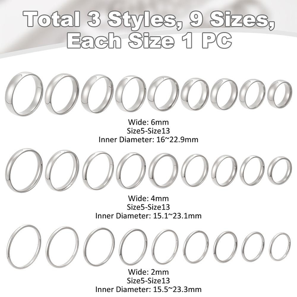 27Pcs 27 Style Stainless Steel Finger Rings for Women, Platinum, 2~6mm, Inner Diameter: 15.5~22.9mm, 1pc/style