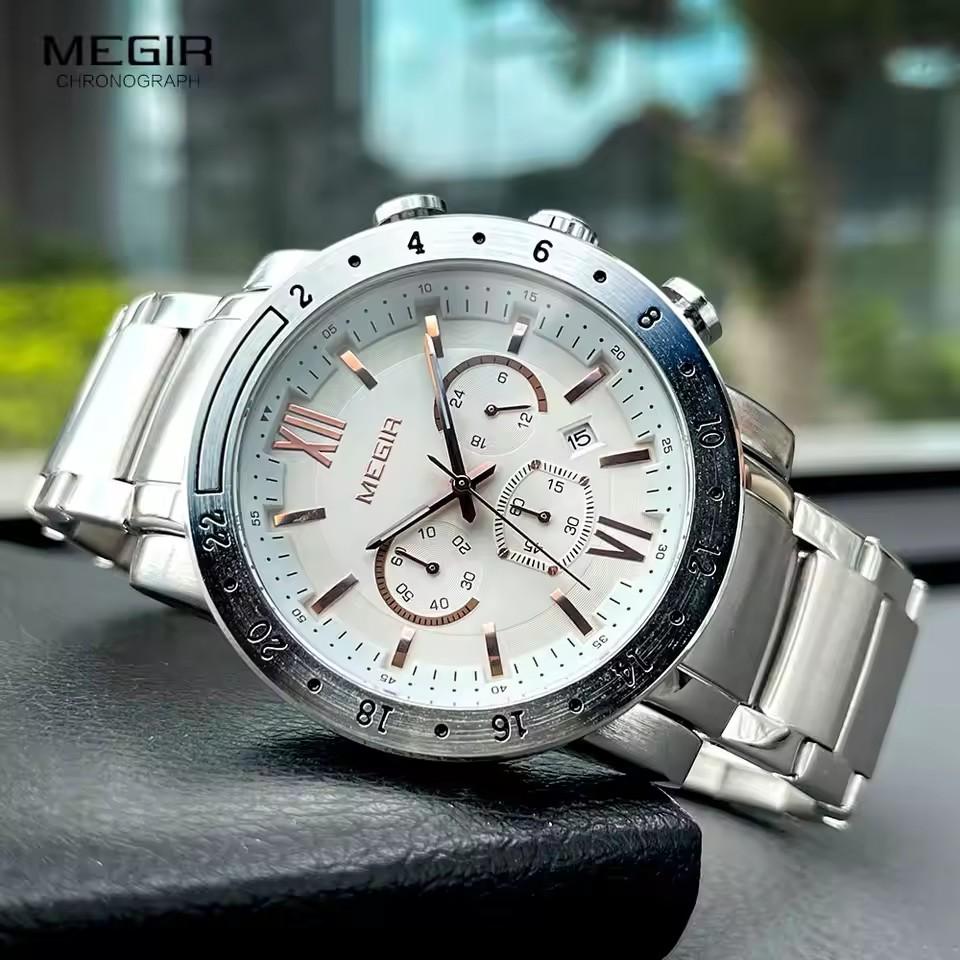 Megir 3008G 3008 Business Men's Dress Big Wrist Watches Chronograph Clock Stainless Steel Band 24 Hours Quartz Stop Watch Man