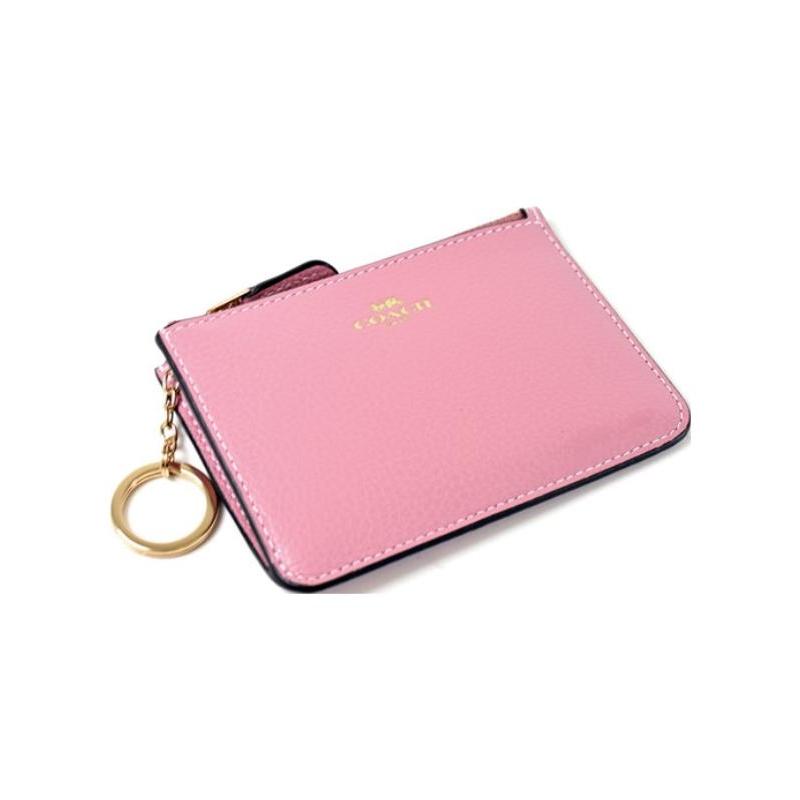 Coach Key Case 13 Solid Color Letter Logo Zipper Pebbled Leather Coin Purse Key Bag Wallet Women's Pink