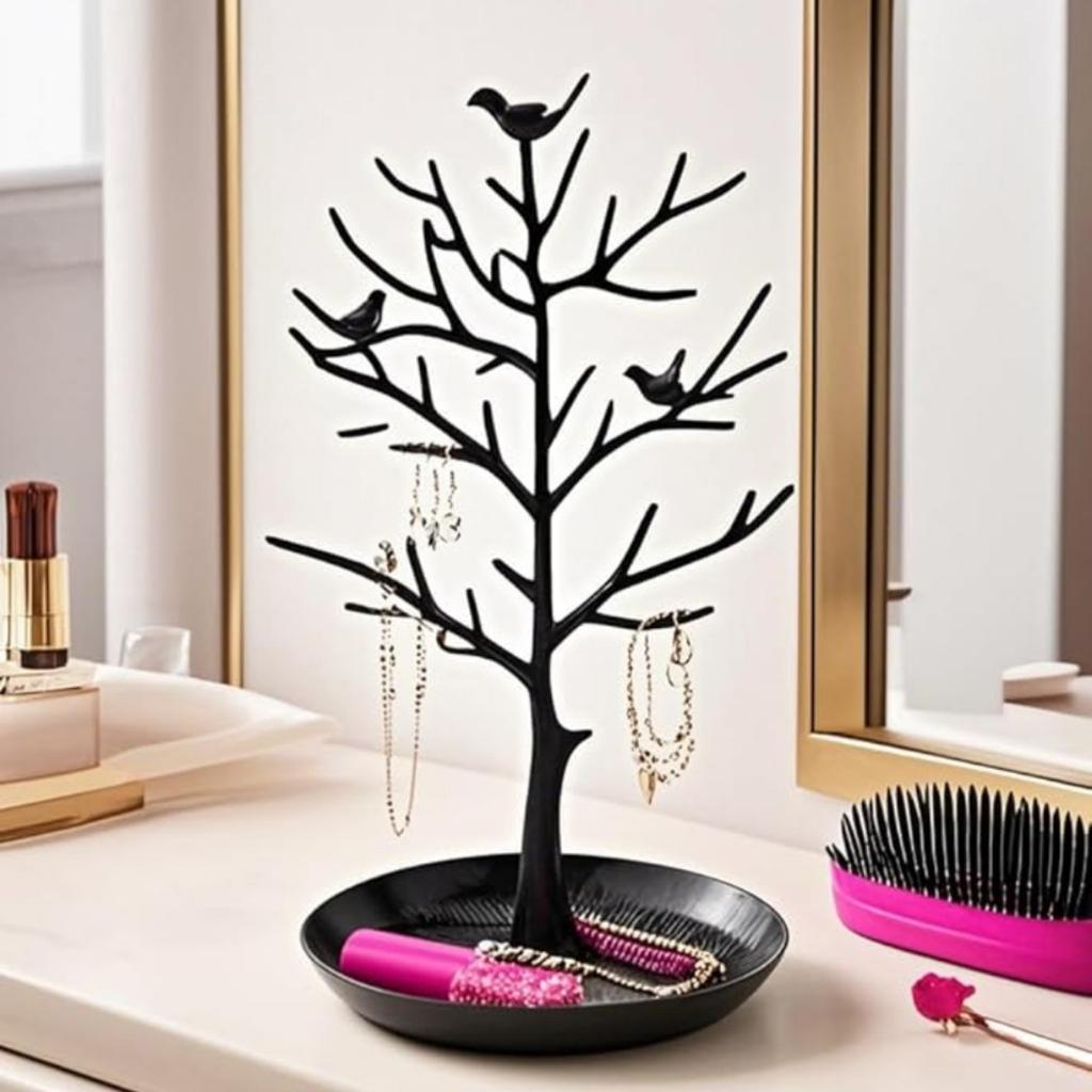 Schmuckständer Halskettenbaum Ohrring-Organizer Halter Kunststoff Vögel Baum Präsentation mit Ablage Antik Armband Ringe Ständer Turm Dekoration für Frauen Mädchen