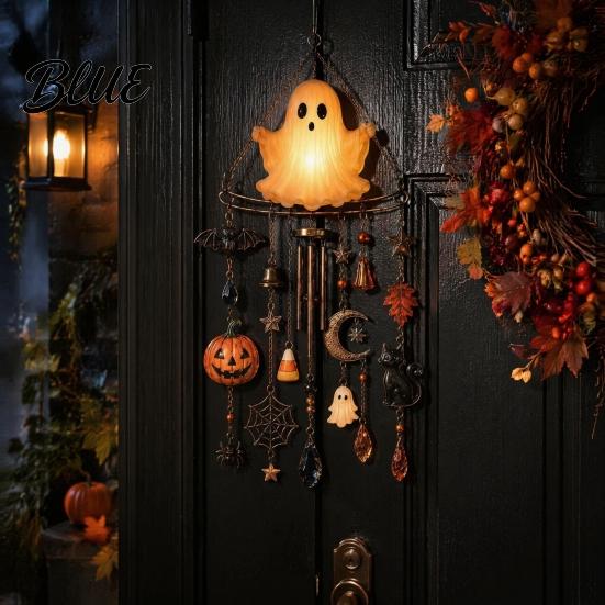 Halloween Hanging Decorations Luminous Ghost Wind Chime Glow-in-The-Dark Ornament with Pumpkin Bat Spooky Garden Ornaments Spider Charms Rustproof