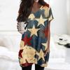 Damen Oberteile V-Ausschnitt Kurzarm Blusen Lässige Mittellange Hemden Mode Unabhängigkeitstag Print Tunika Tops mit Taschen