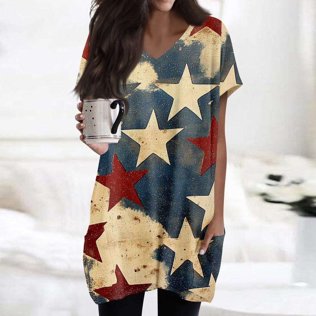 Womens Tops V-neck Short Sleeve Blouses Casual Mid-length Shirts Fashion Independence Day Print Tunic Tops With Pockets