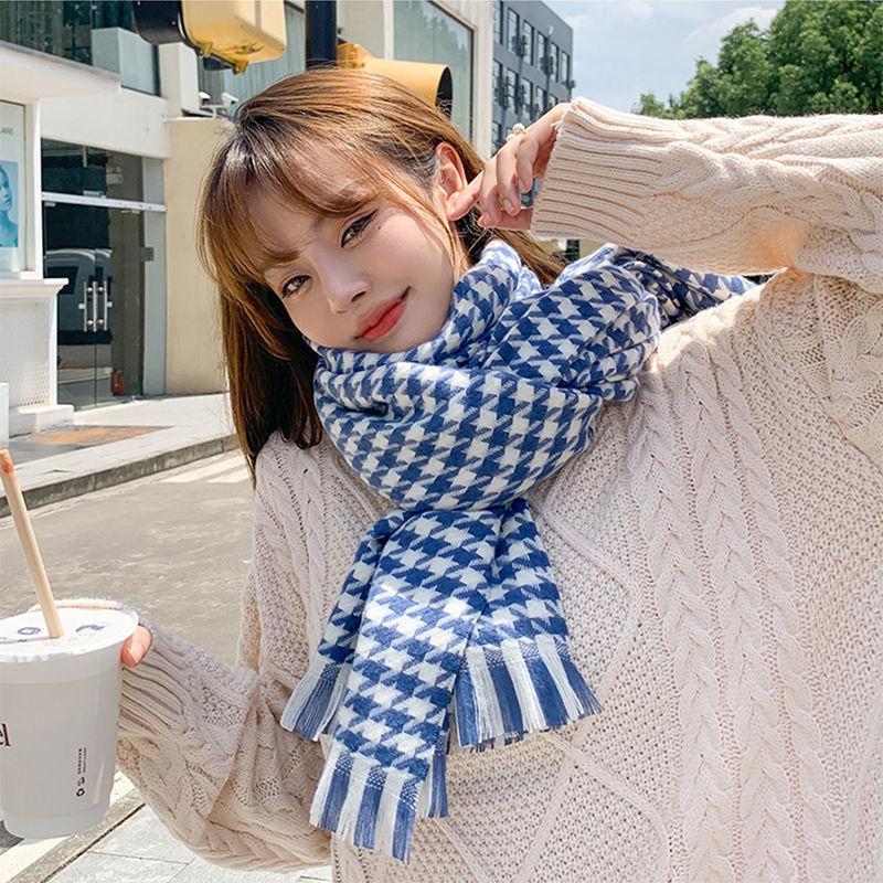 Black and White Houndstooth Plaid Scarf for Women Winter Warm Korean Version Versatile Long Imitation Cashmere Scarf Shawl Dual Use