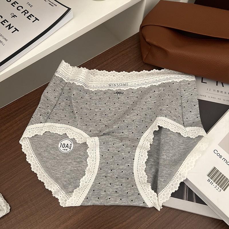 Ladies Autumn and Winter Lace Polka Dot Pure Cotton 10A Anti Bacterial Breathable High Waist Triangle Briefs