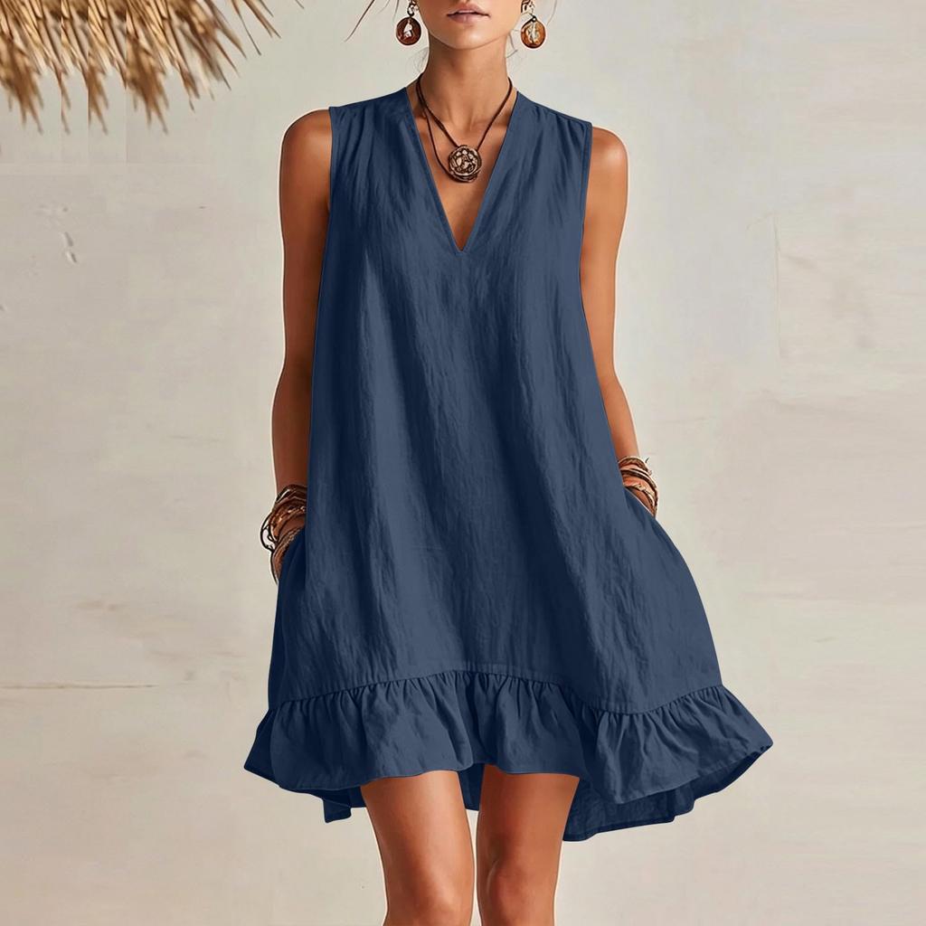 Damen V-Ausschnitt Ärmellos Rüschensaum Locker Sitzendes Kleid mit Taschen Sommerlich Lässig Leicht Einfarbiges Tunika-Kleid für den täglichen Gebrauch