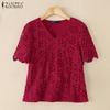 ZANZEA Women Summer V-Neck Lace Crochet Patchwork Casual Short Sleeve Blouse
