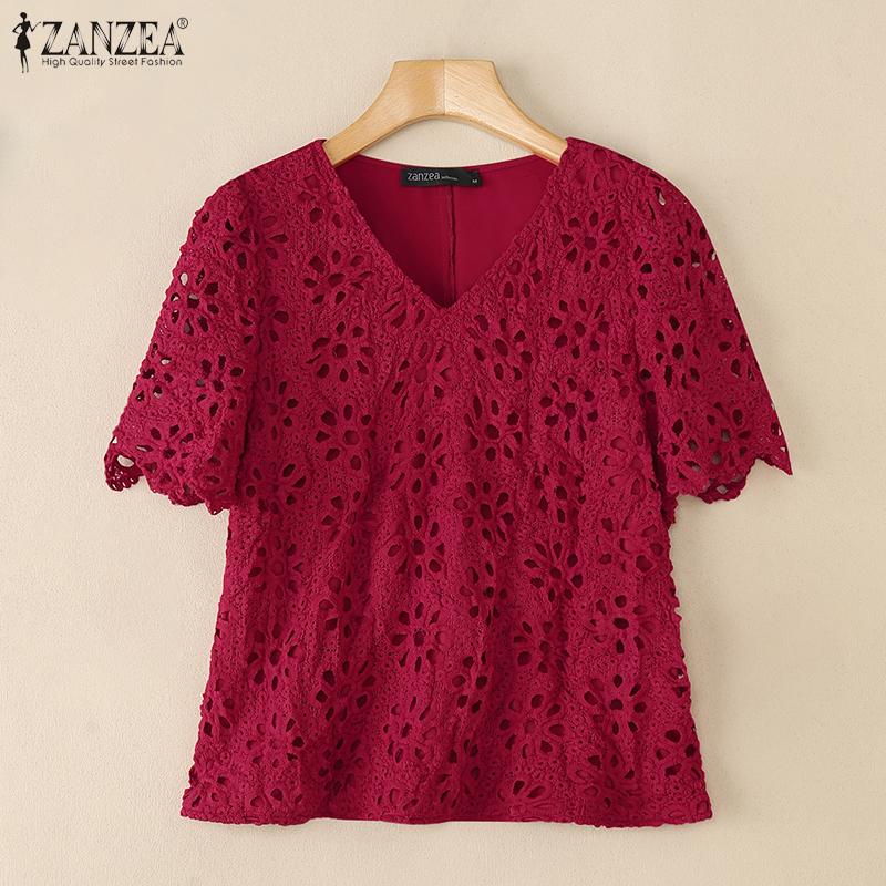 ZANZEA Women Summer V-Neck Lace Crochet Patchwork Casual Short Sleeve Blouse
