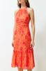 Women's Fashion New Dress Orange Floral Pattern A-Line Halter Neck Lined Midi Woven Dress
